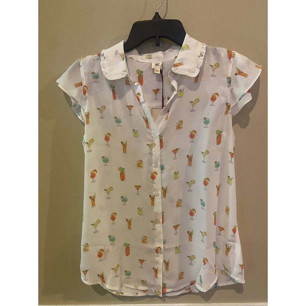 Autres Filles Brand Women Blouse Size‎ Small NWT Collared White Cocktail Print